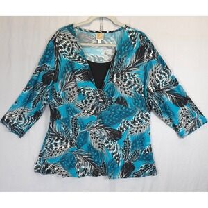 JM Collection Woman Teal Black Feather Print Tunic Women 2X Embellished V Neck